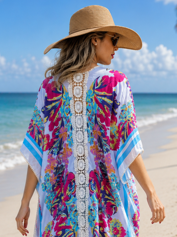 PRE-ORDER BY 7/6/26: White Multi Floral Print Kimono Cover-Up With Lace Detail and Tassel