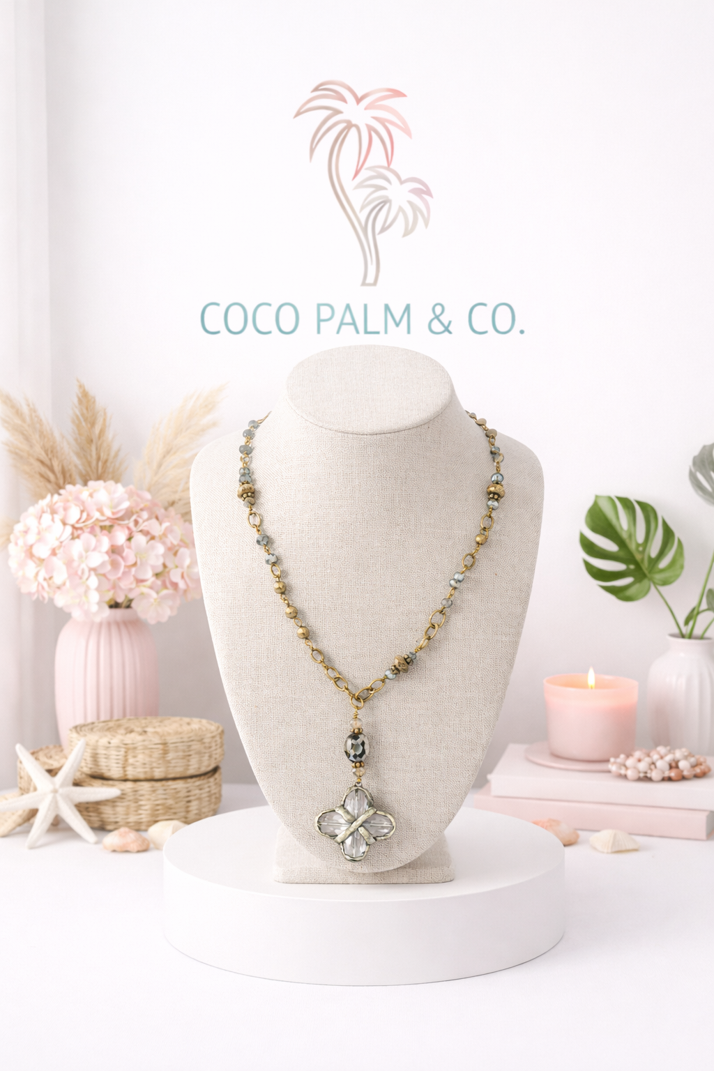 Bronze Chain Glass Bead Cross Rosary-Inspired Statement necklace