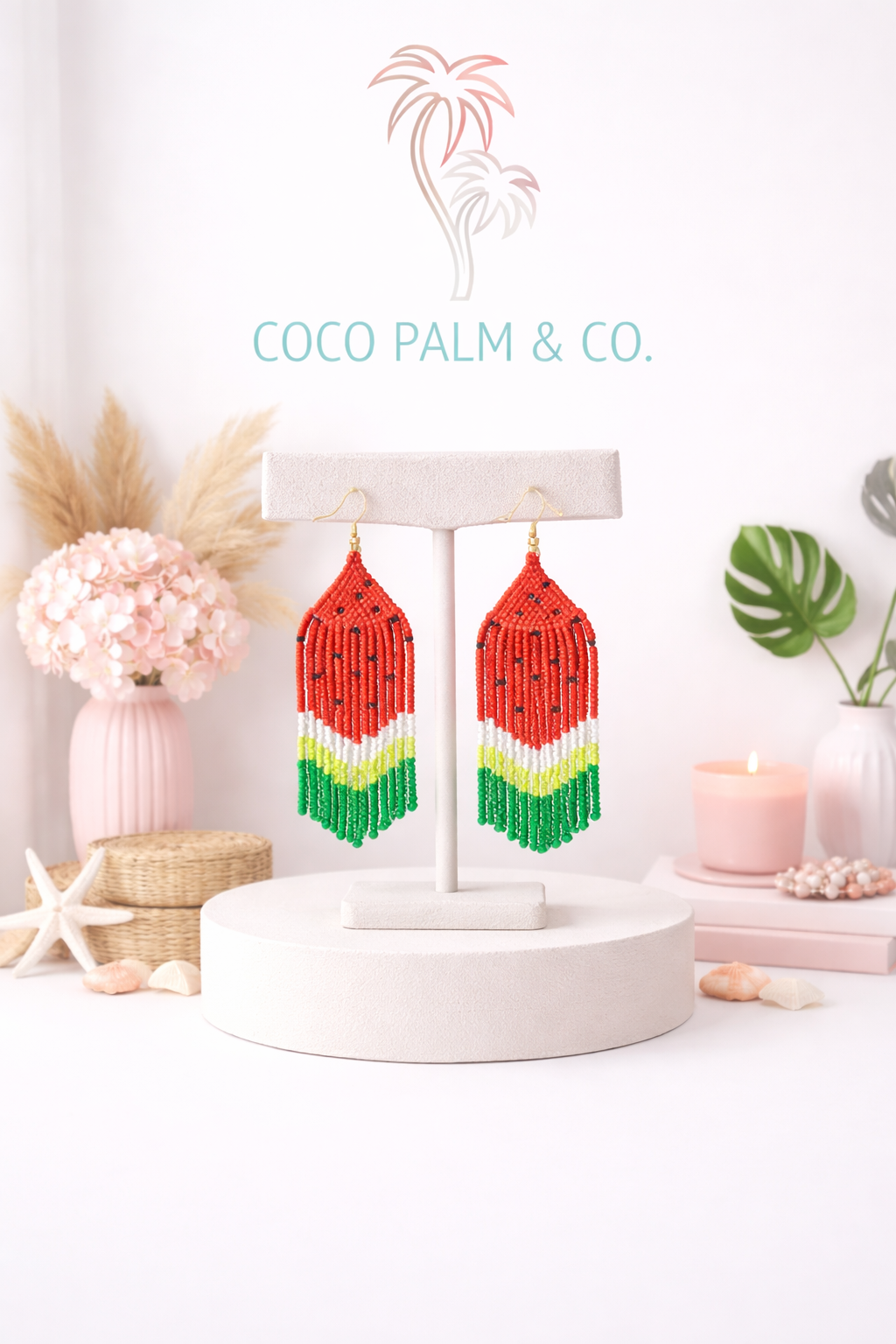 Handmade Seed Bead Watermelon Drop Earrings