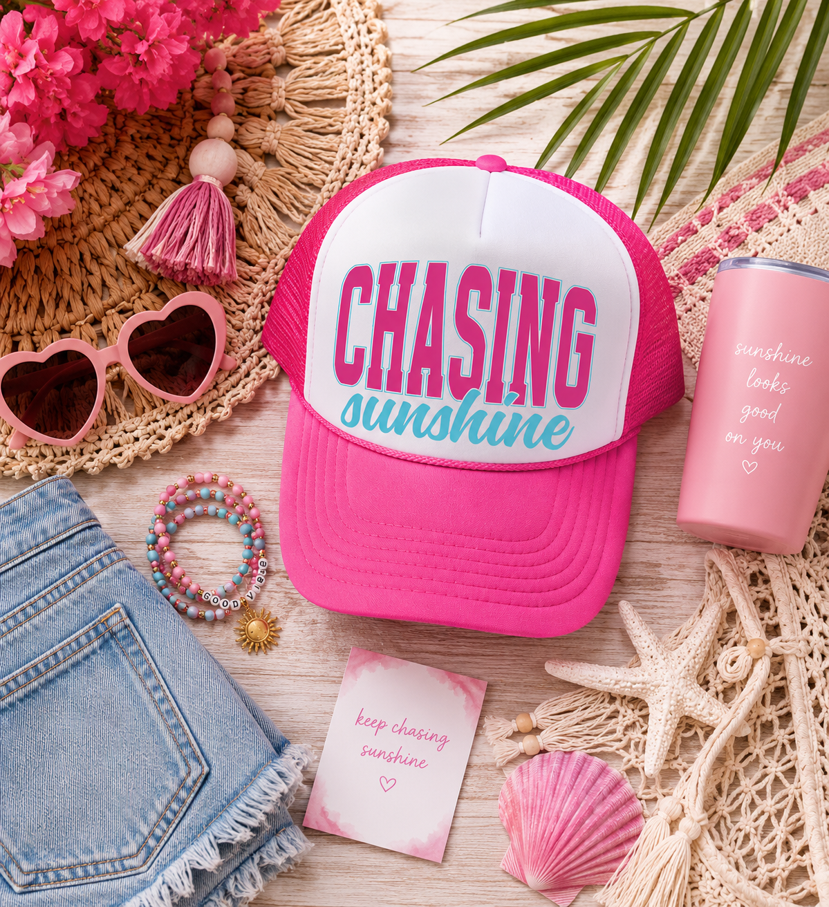 PRE-ORDER BY 6/15/26: "Chasing Sunshine" Hot Pink and White Trucker Hat