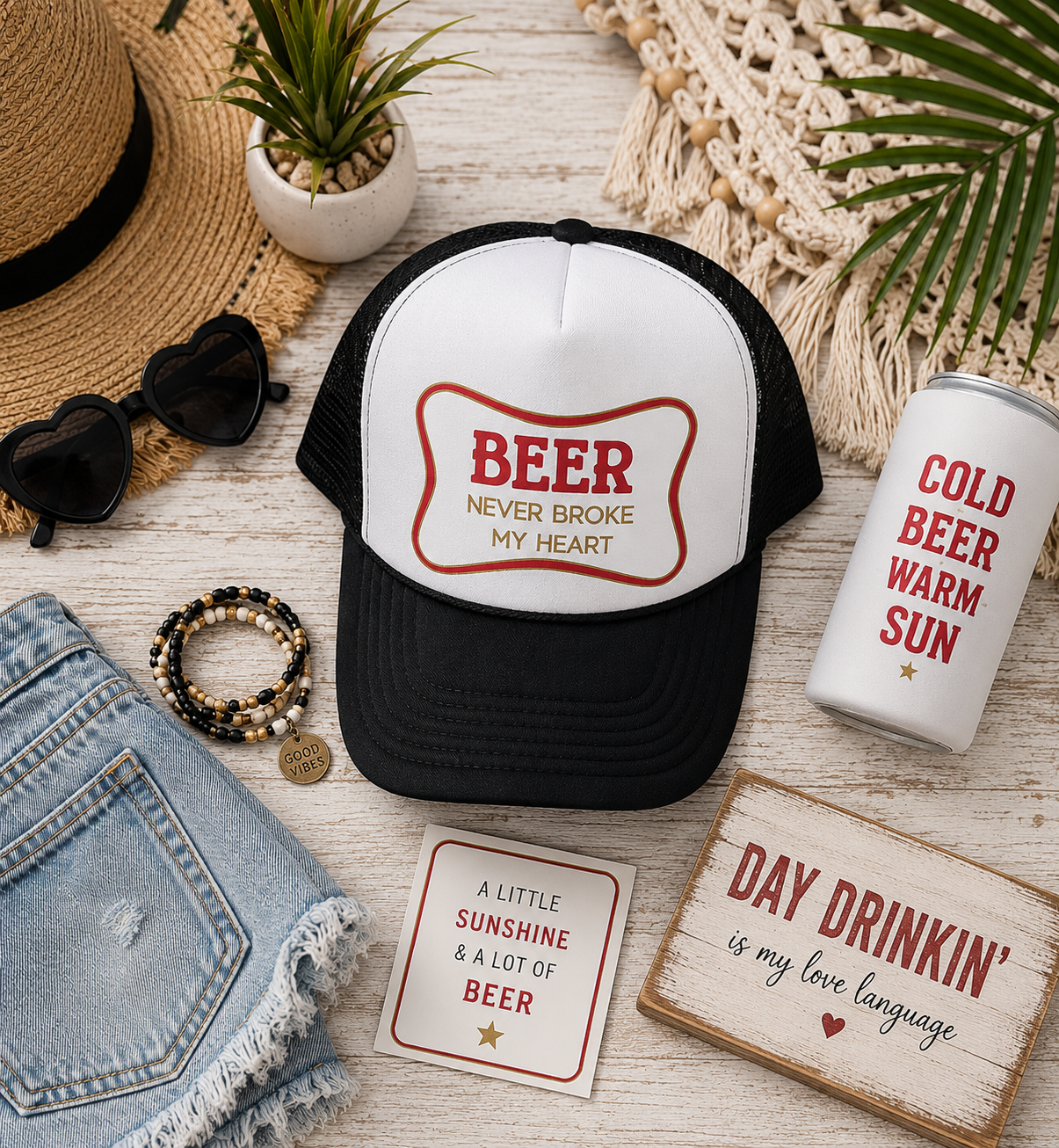 PRE-ORDER BY 6/15/26: "Beer Never Broke My Heart" Black and White Trucker Hat