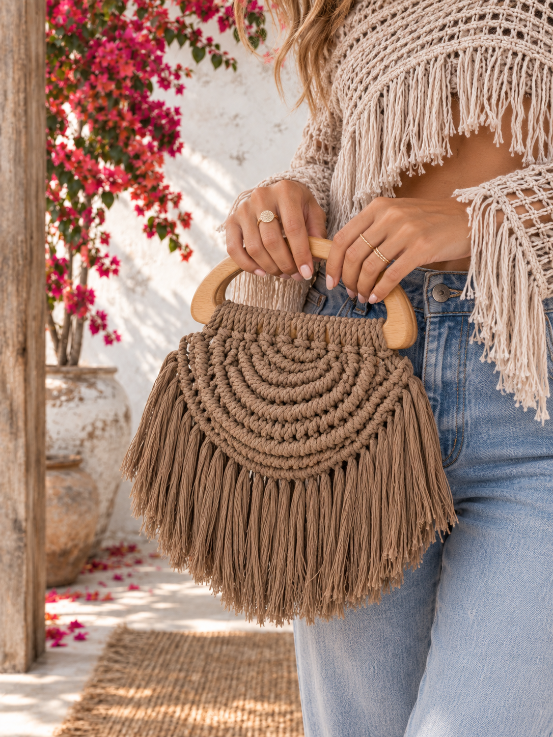 Boho Macrame Clutch Bag in Brown