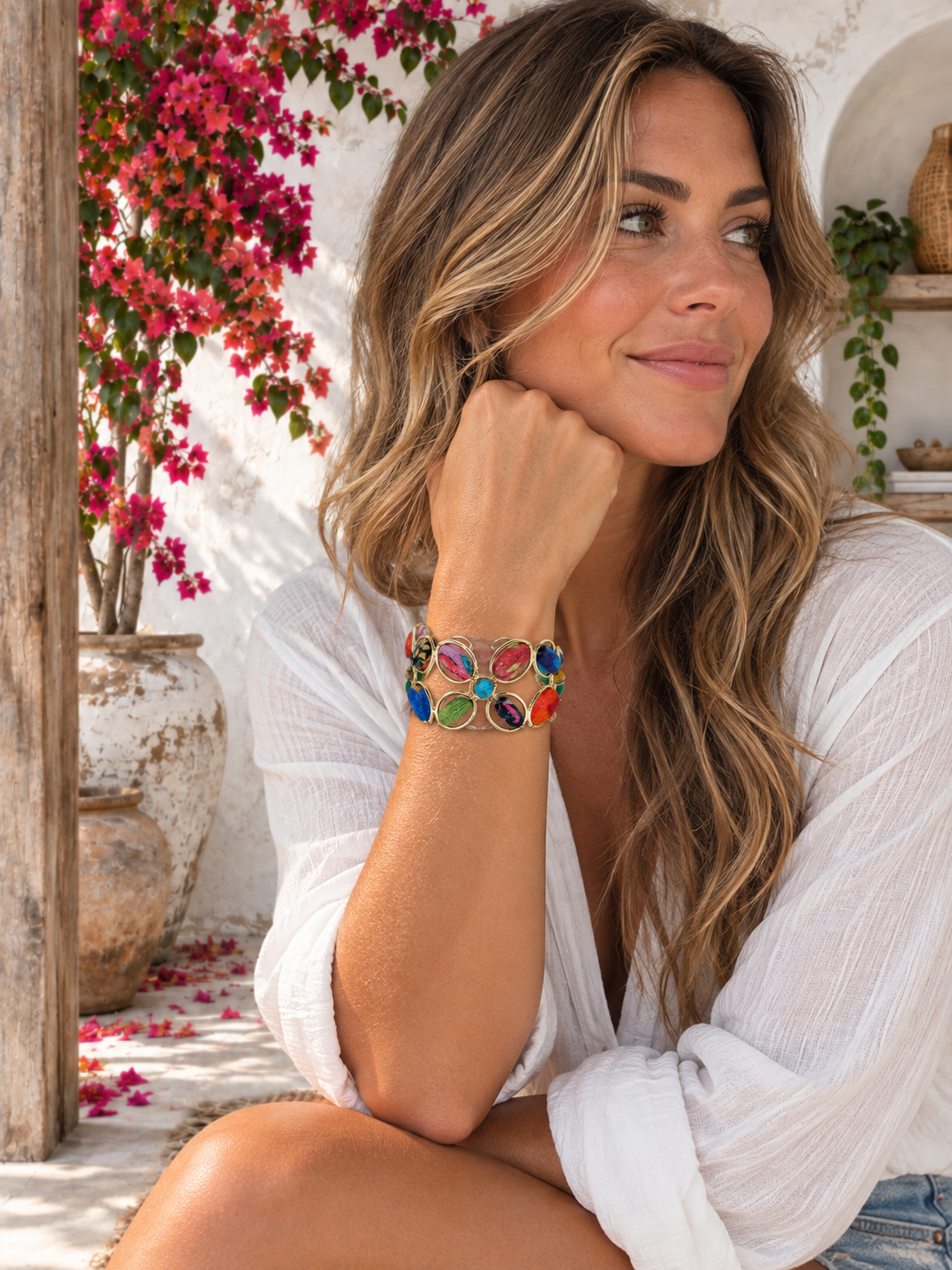 Aasha Kantha Handcrafted Oval Bead Flower Cuff Bracelet
