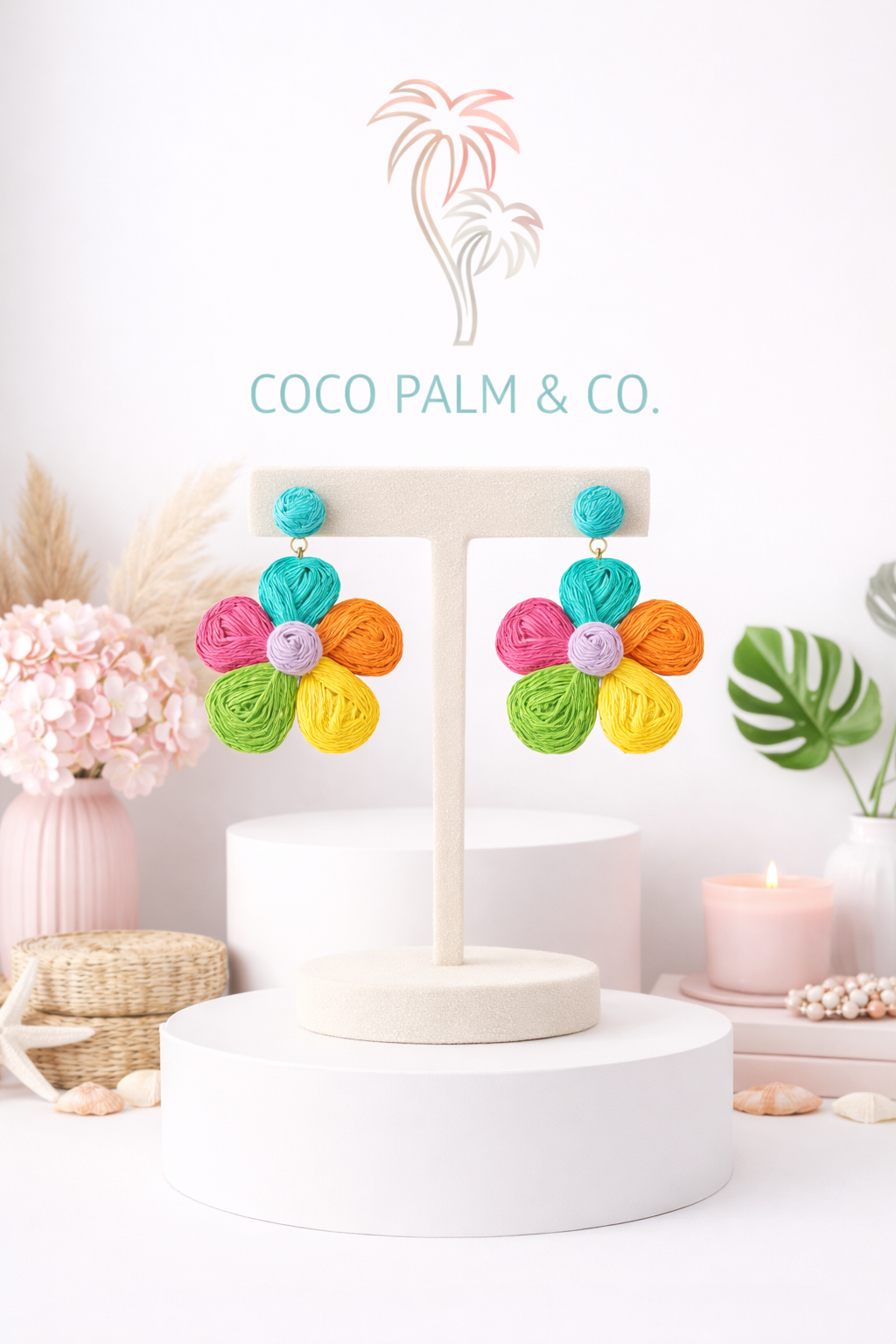 Large raffia straw flower drop earrings