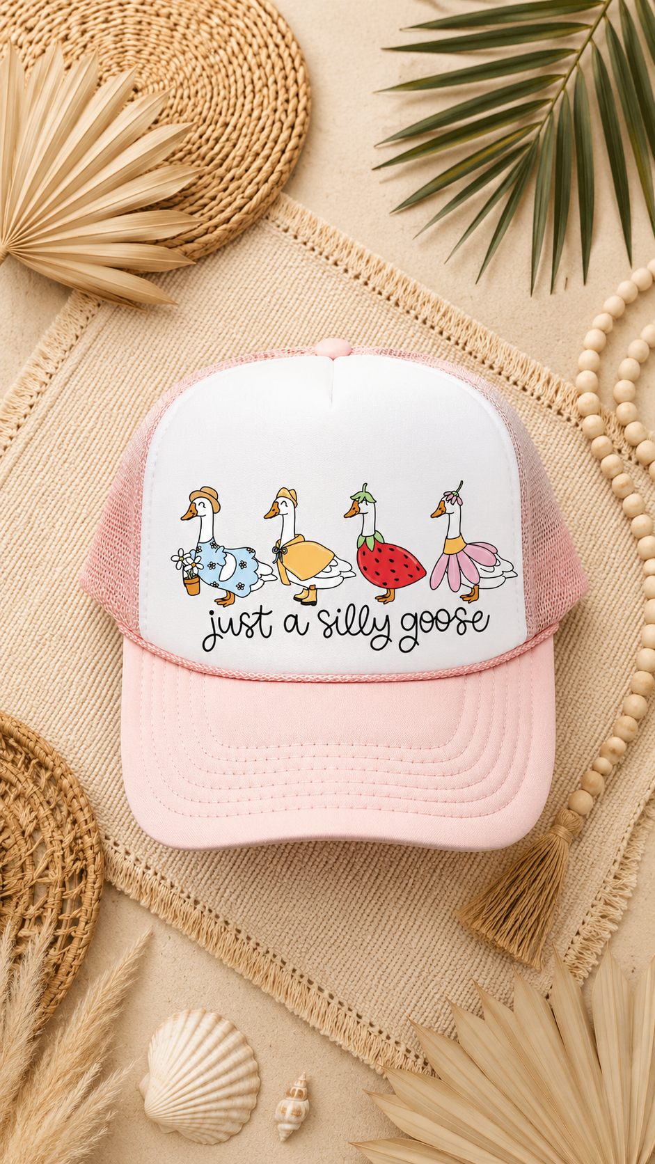 PRE-ORDER BY 5/30/26: "Just A Silly Goose" Light Pink and White Trucker Hat