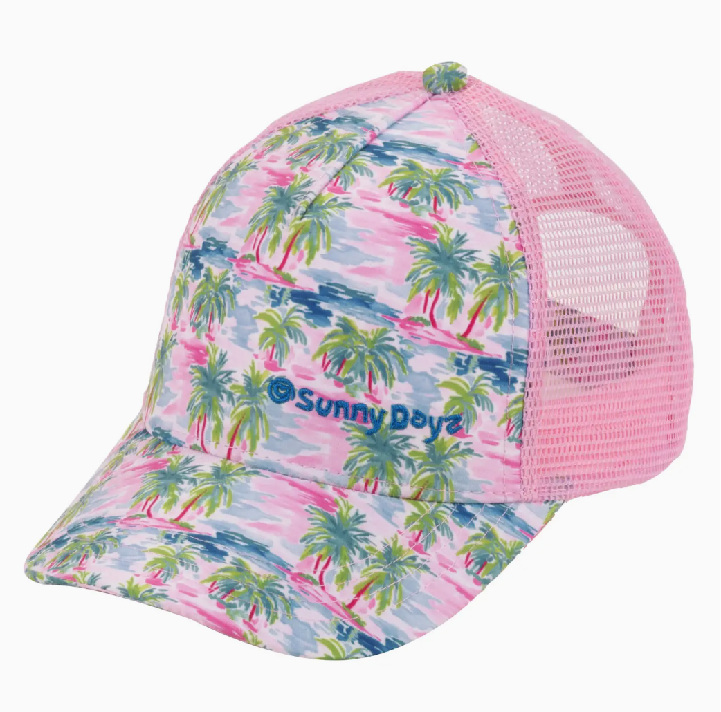 PRE-ORDER BY 7/6/26: Sunny Dayz Pink Palms Poly Trucker Ball Cap