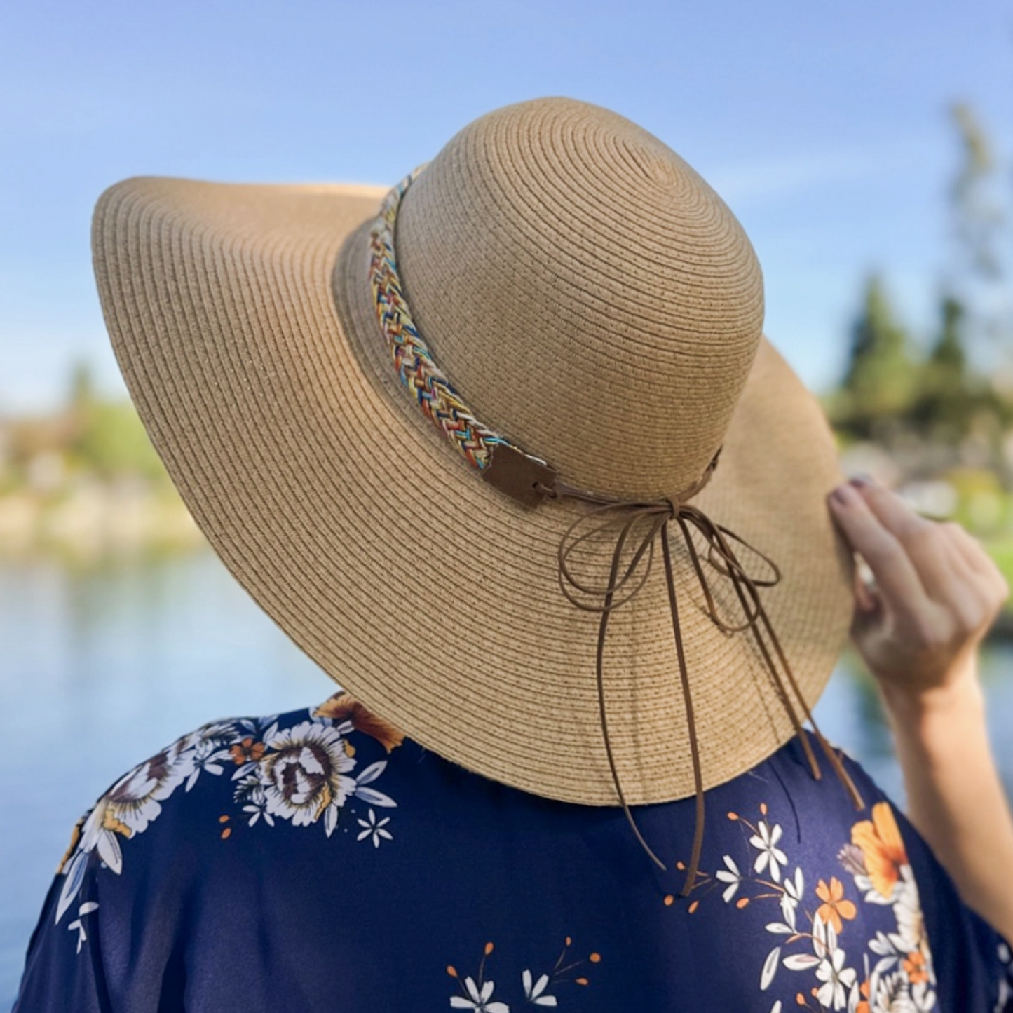 PRE-ORDER BY 7/6/26: Tan Summer Straw Floppy Beach Hat with Multi Color Band