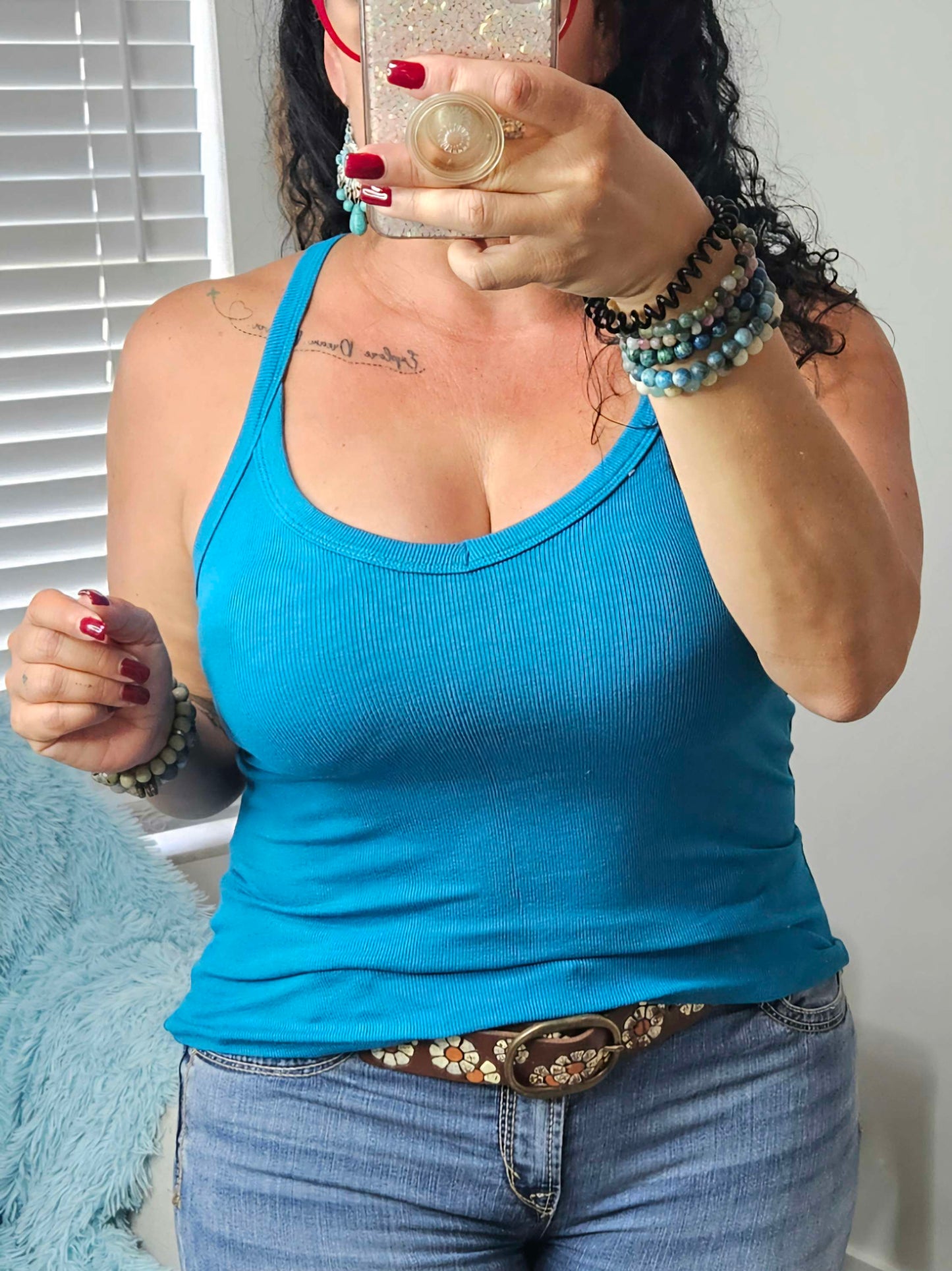 May Basic Cross-Back All-Season Sleeveless Top in Turquoise image 0