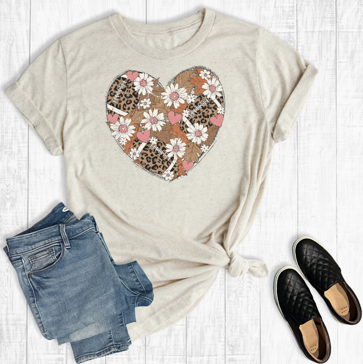 Leopard Football Floral Fall Heart Graphic Tee image 0