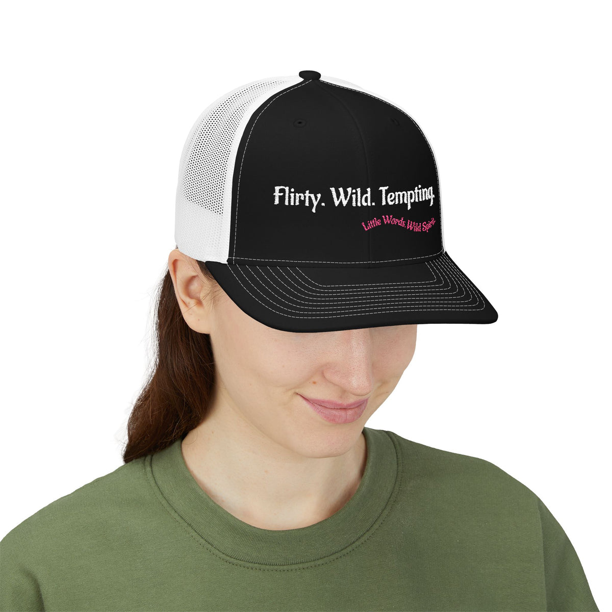 Flirty. Wild. Tempting. | Embroidered Snapback Trucker Hat | Full Black