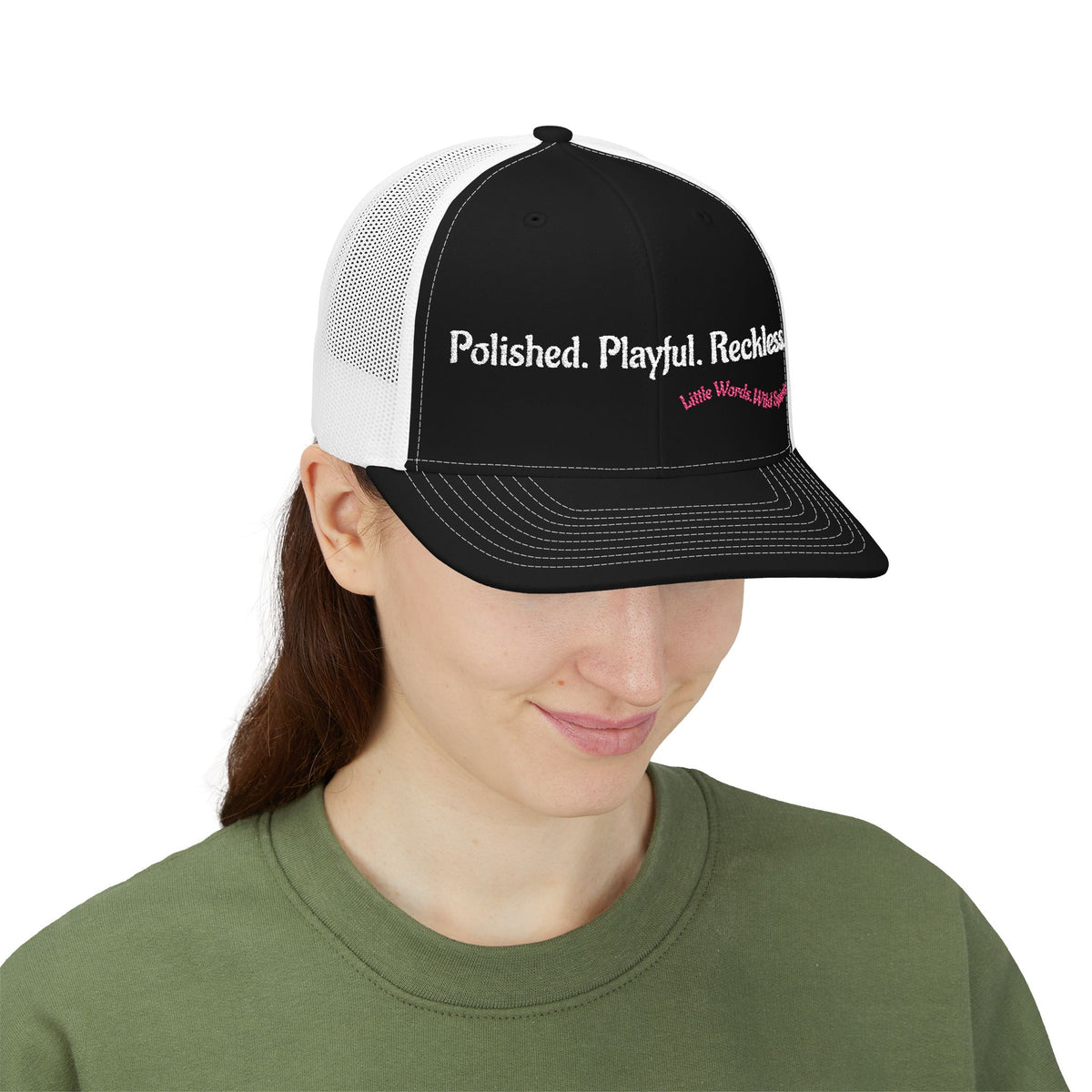 Polished. Playful. Reckless. | Embroidered Snapback Trucker Hat | Full Black