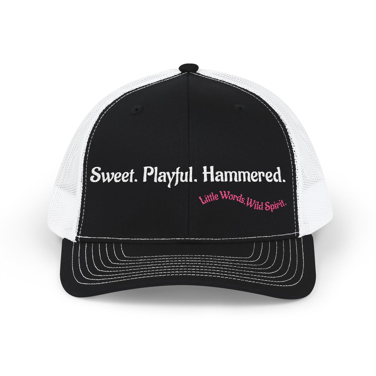 Sweet. Playful. Hammered. | Embroidered Snapback Trucker Hat | Full Black