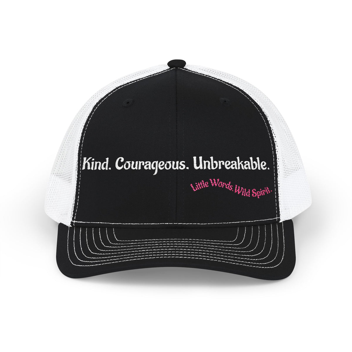 Kind. Courageous. Unbreakable. | Embroidered Snapback Trucker Hat | Full Black