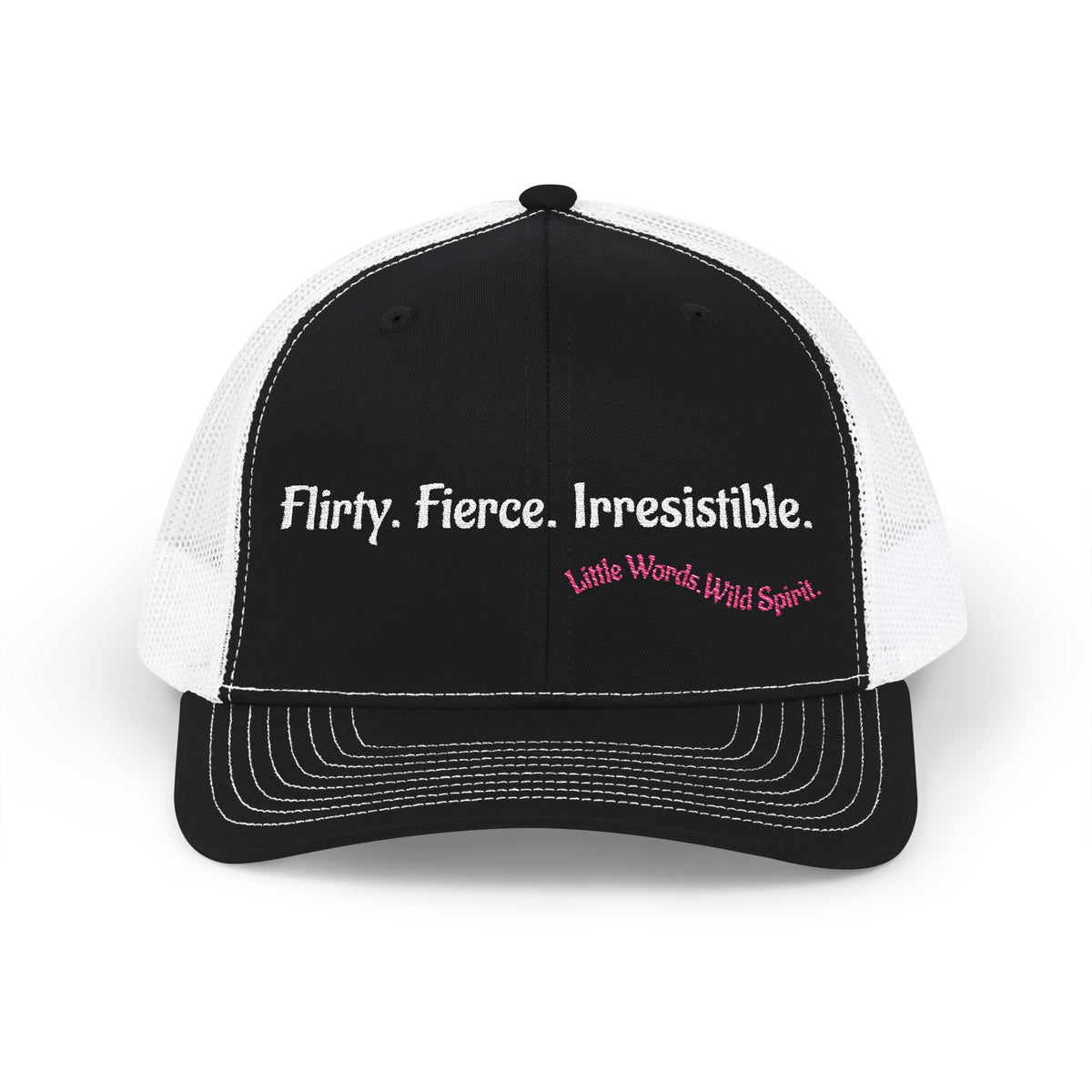 Flirty. Fierce. Irresistible. | Embroidered Snapback Trucker Hat | Full Black
