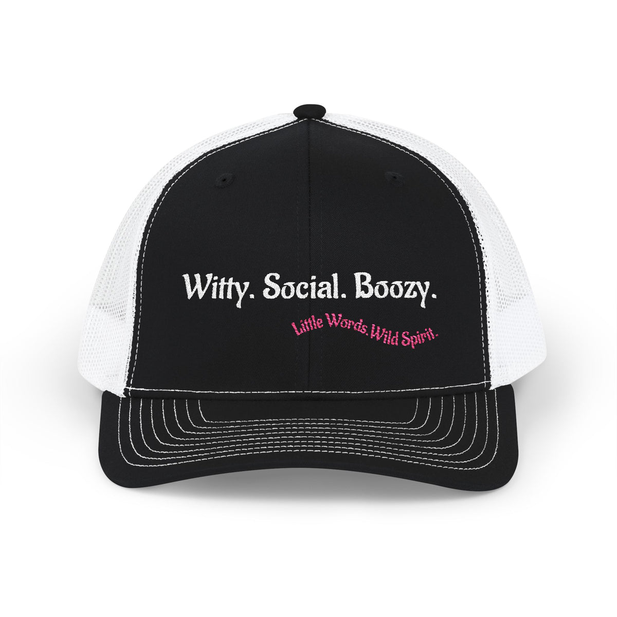 Witty. Social. Boozy. | Embroidered Snapback Trucker Hat | Full Black