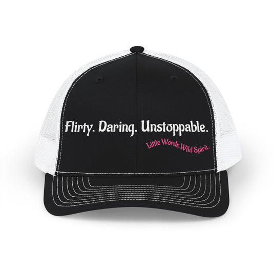 Flirty. Daring. Unstoppable. | Embroidered Snapback Trucker Hat | Full Black