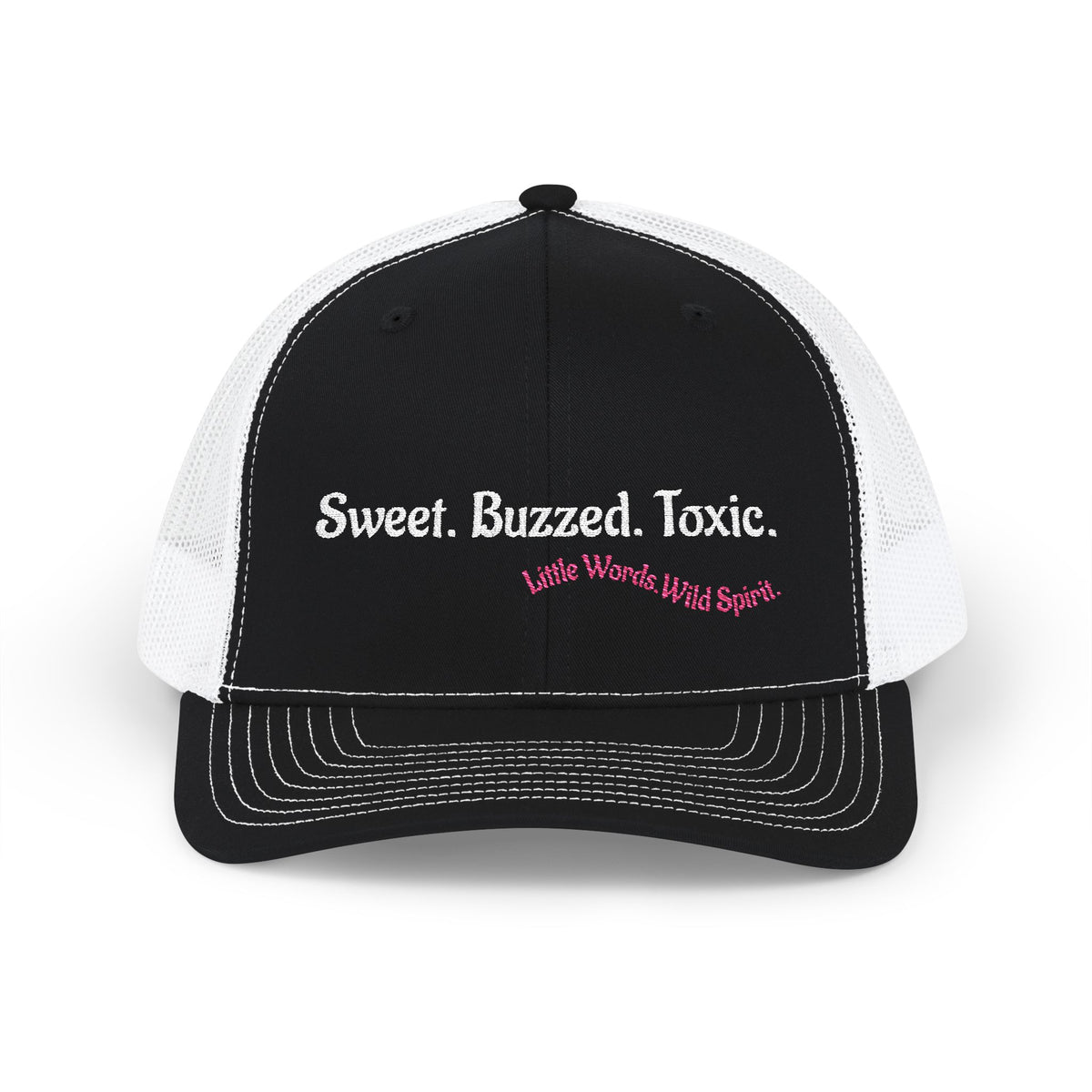 Sweet. Buzzed. Toxic. | Embroidered Snapback Trucker Hat | Full Black