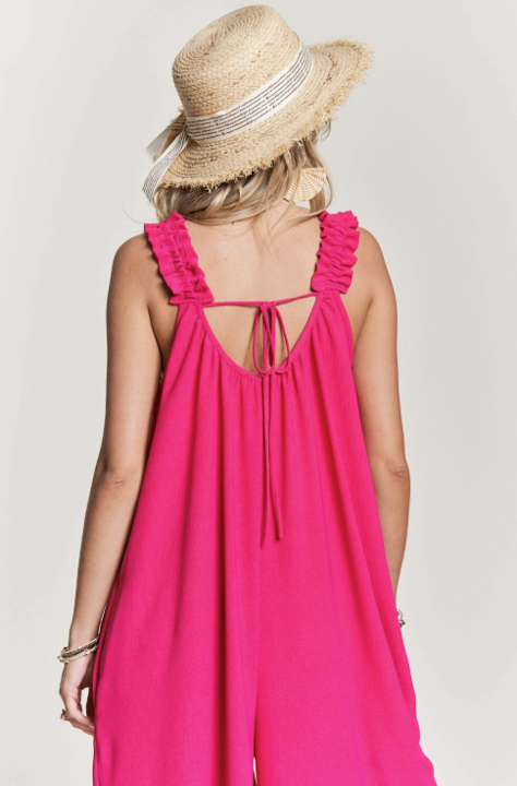 Candy Elastic Ruffle Shoulder Jumpsuit in Pink image 2