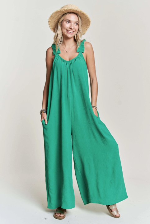 Candy Elastic Ruffle Shoulder Jumpsuit in Green image 0