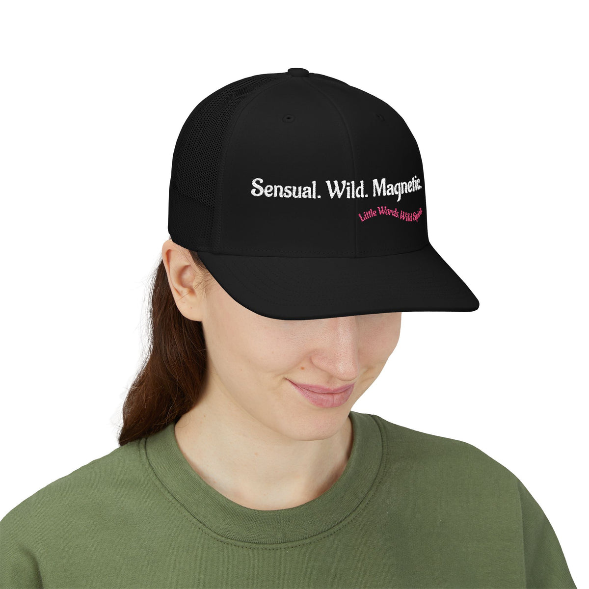 Sensual. Wild. Magnetic. | Embroidered Snapback Trucker Hat | Full Black