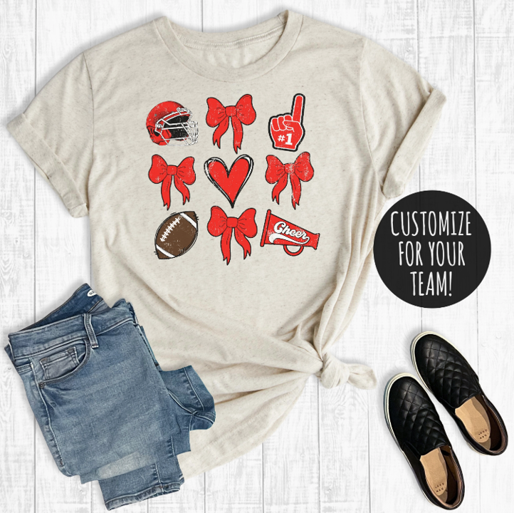 Customizable Football Cheerleader Coquette Bows Graphic Tee image 0