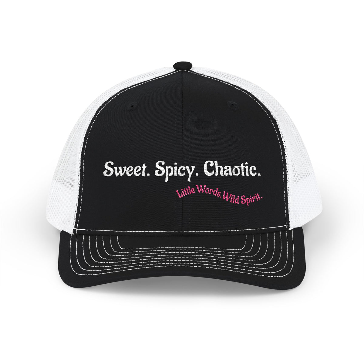 Sweet. Spicy. Chaotic. | Embroidered Snapback Trucker Hat | Full Black