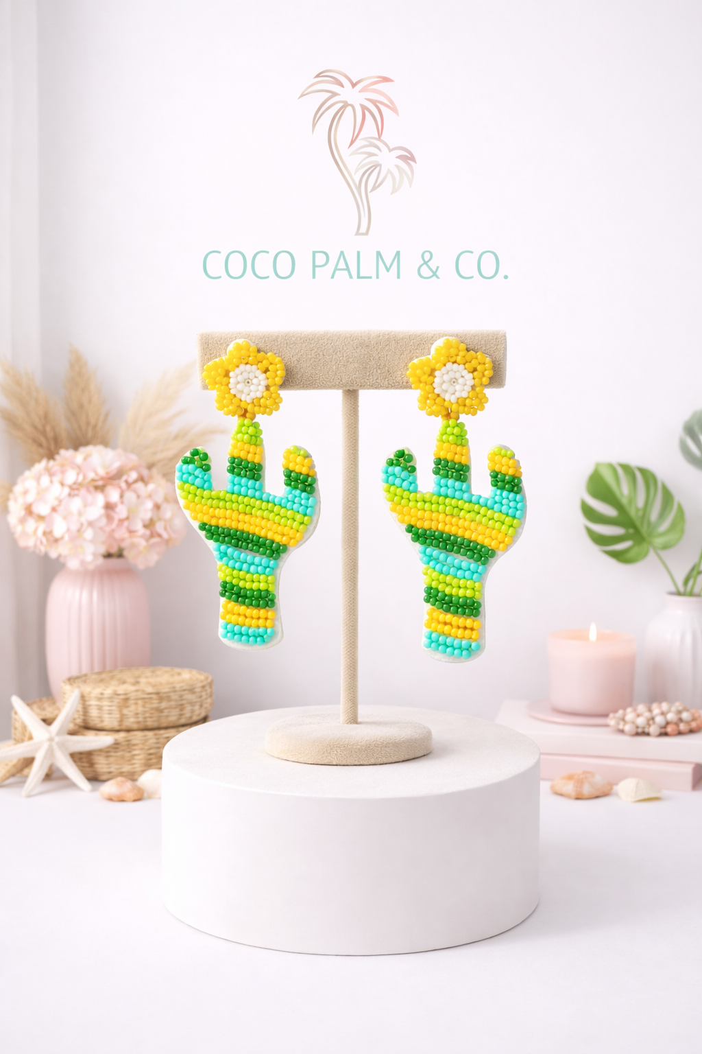 Seed Bead Cactus and Flower Drop Earrings