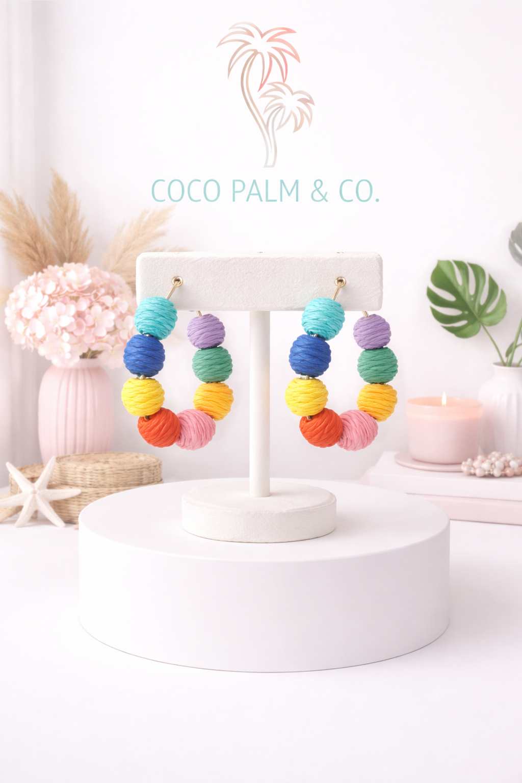 Raffia Straw Ball Hoop Earrings