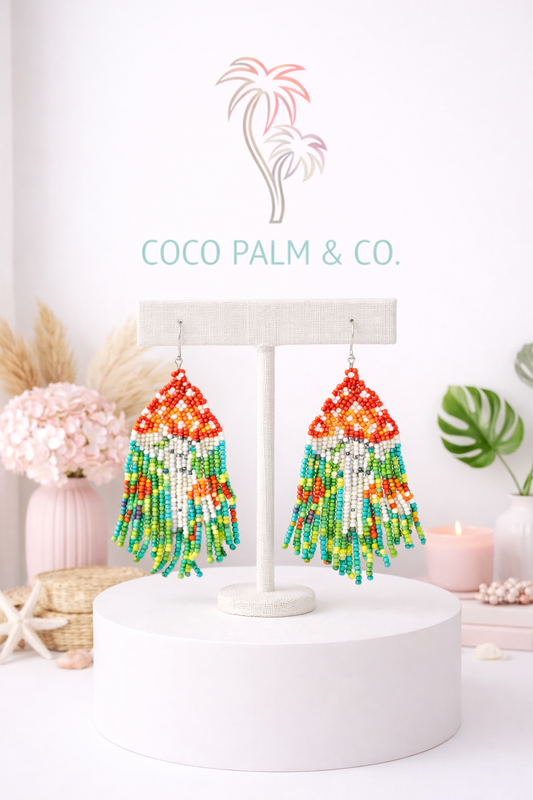 Handmade Seed Bead Mushroom Earrings