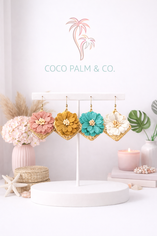 Straw Square Earrings with Fabric Flowers