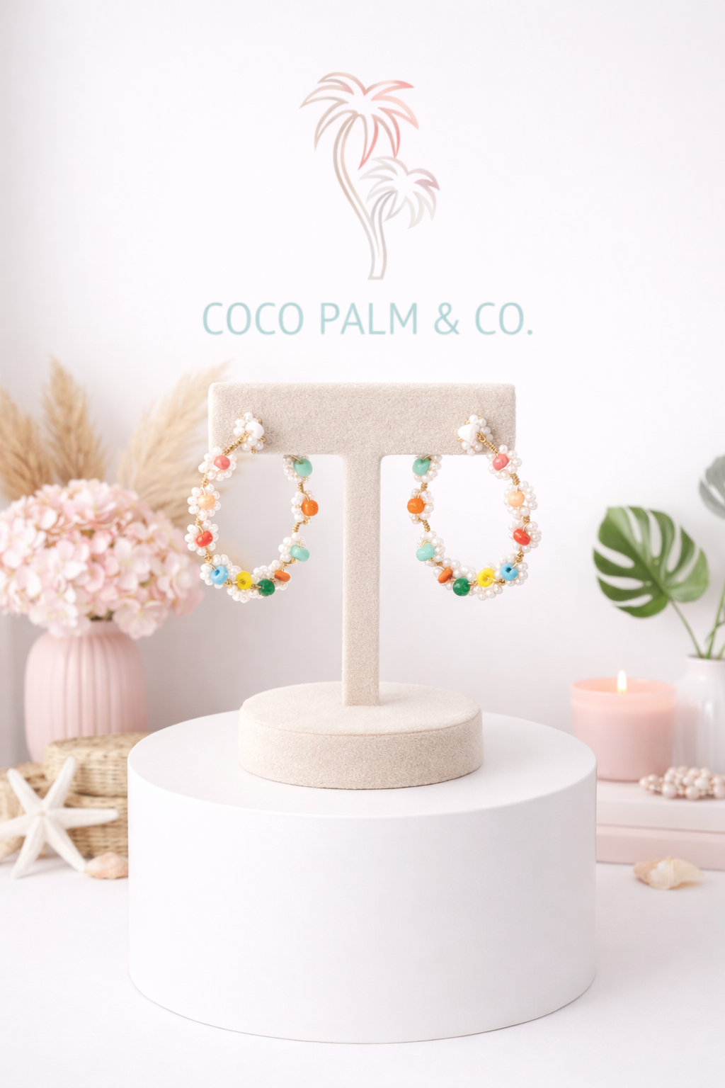 Handmade Seed Bead Flower Hoop Earrings