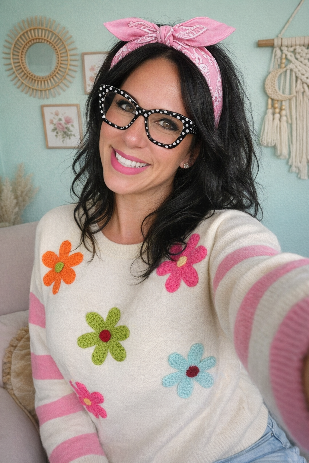 BiBi Colorful Floral Patched Sweater with Striped Sleeve