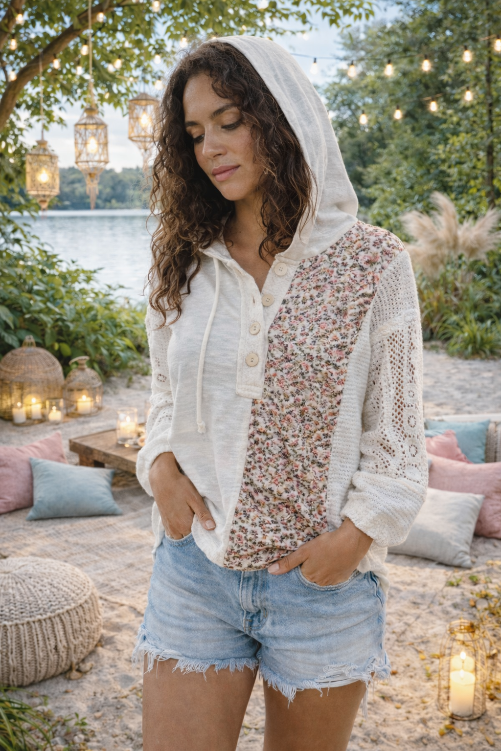 BiBi Slub Jersey with Lace Combo Buttoned Hoodie Top