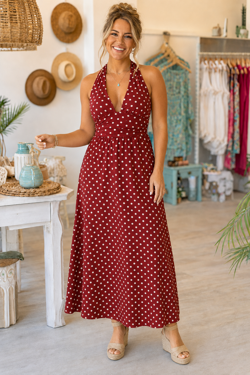 PRE-ORDER BY 8/10/26: The Laney Halter V Neck Polka Dot Maxi Dress