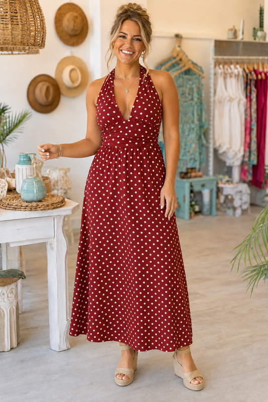 PRE-ORDER BY 8/10/26: The Laney Halter V Neck Polka Dot Maxi Dress