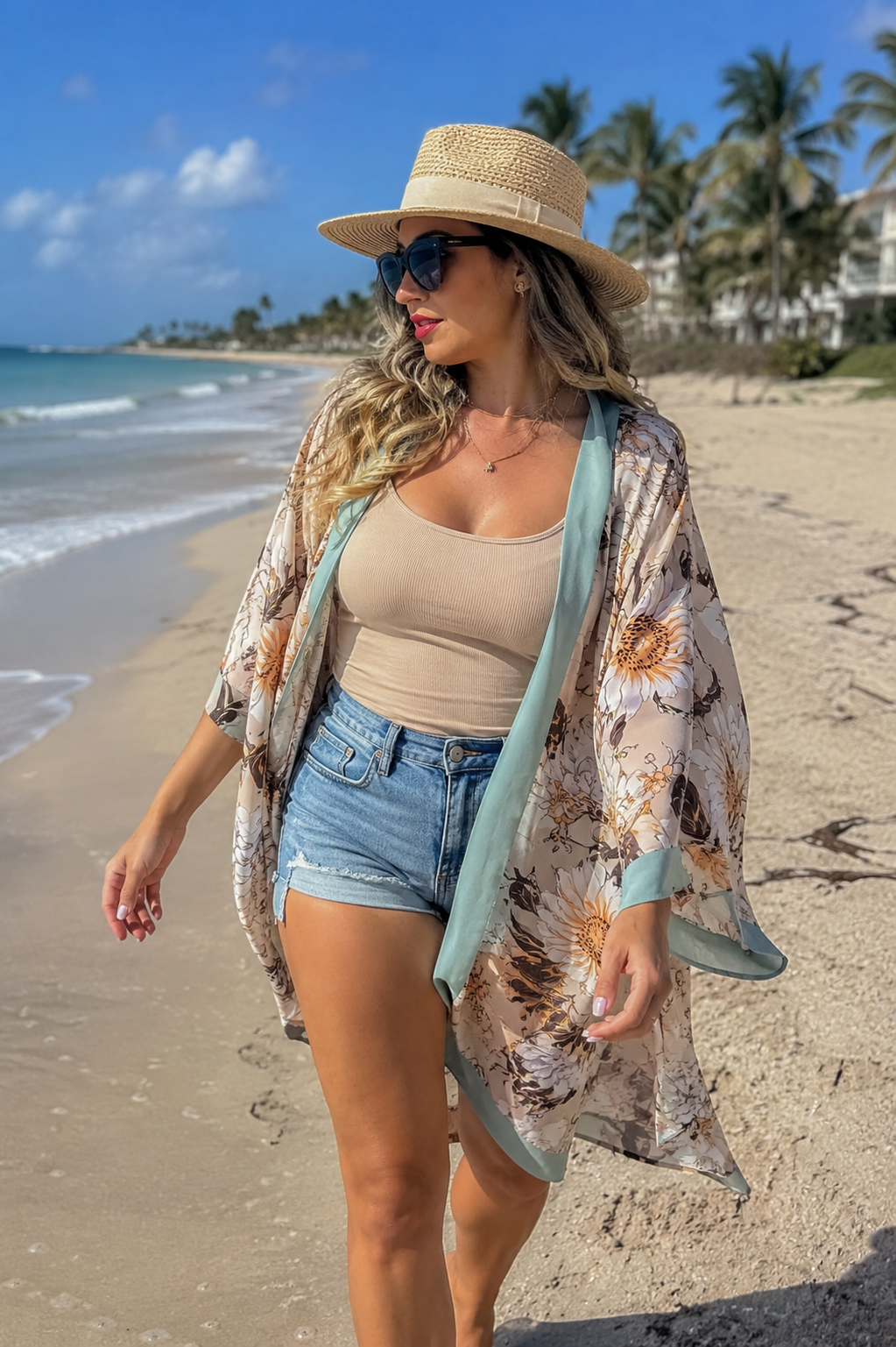 PRE-ORDER BY 7/6/26: Nude Floral Mint Trim Kimono Cover Up