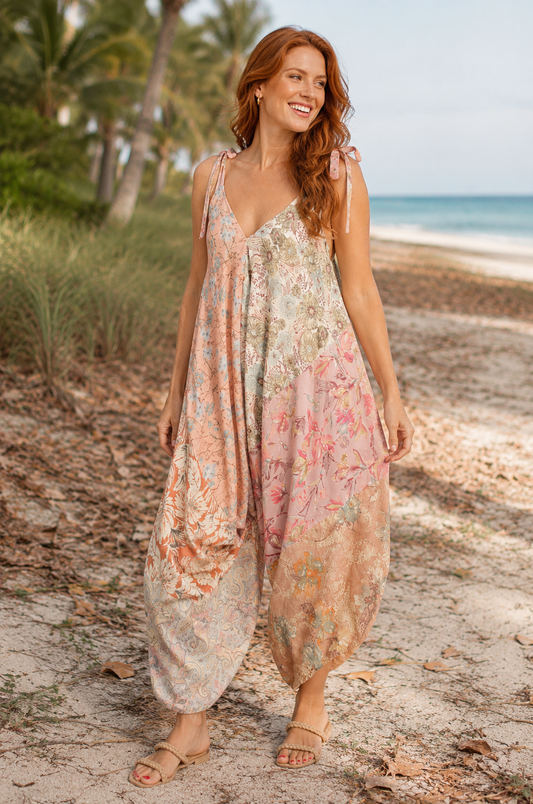PRE-ORDER BY 6/15: Peach Floral Tie-Dye Wide-Leg Romper