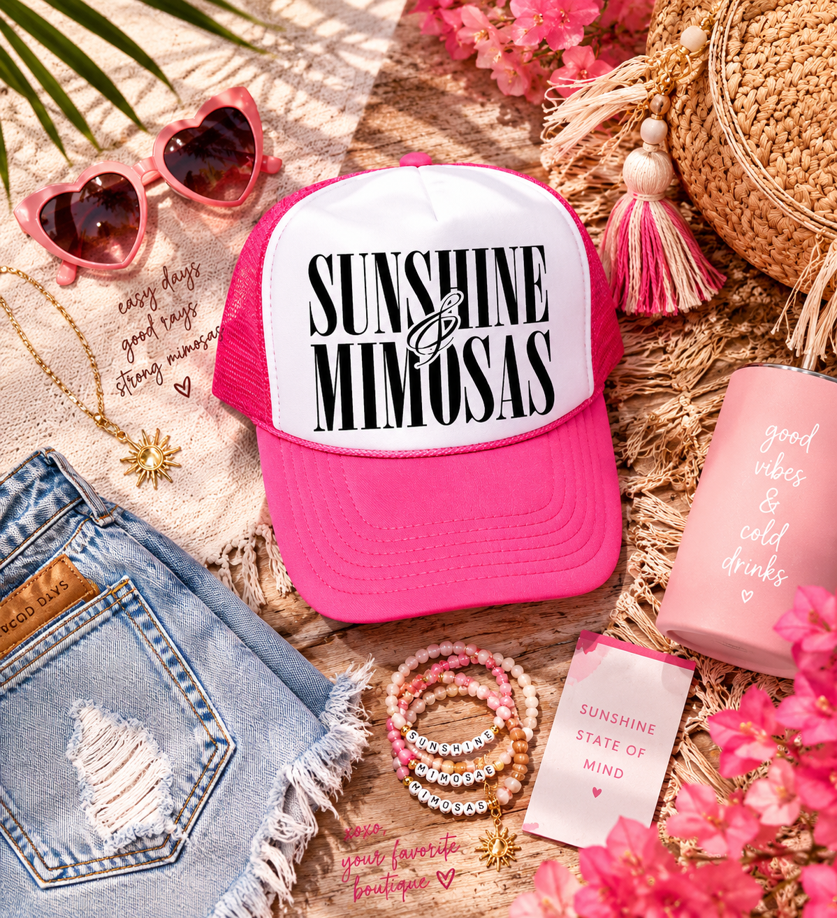 PRE-ORDER BY 6/15/26: "Sunshine and Mimosas" Hot Pink and White Trucker Hat