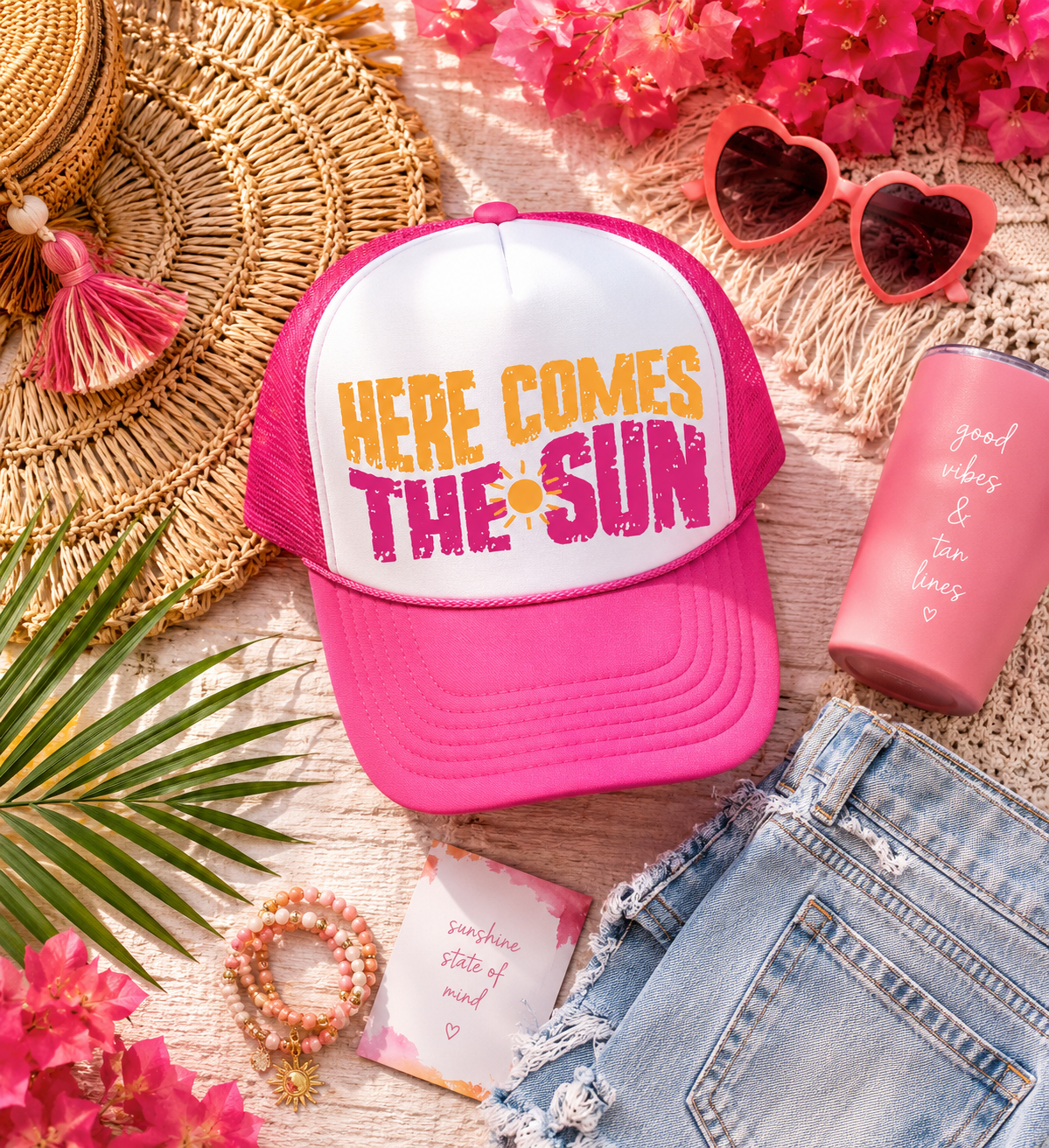 PRE-ORDER BY 6/15/26: "Here Comes the Sun" Hot Pink and White Trucker Hat (Copy)