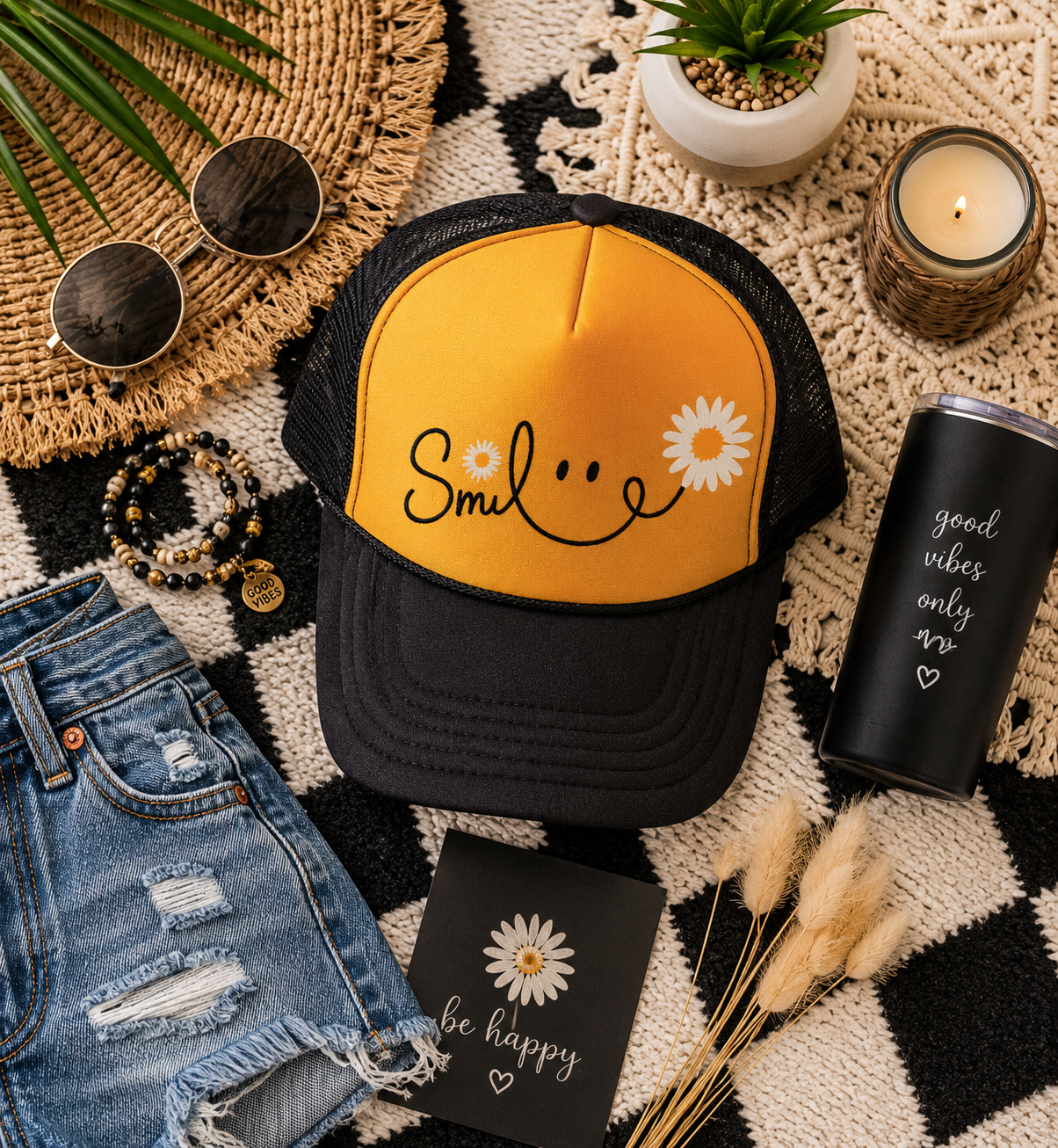 PRE-ORDER BY 6/15/26: "Smile" Gold and Black Trucker Hat