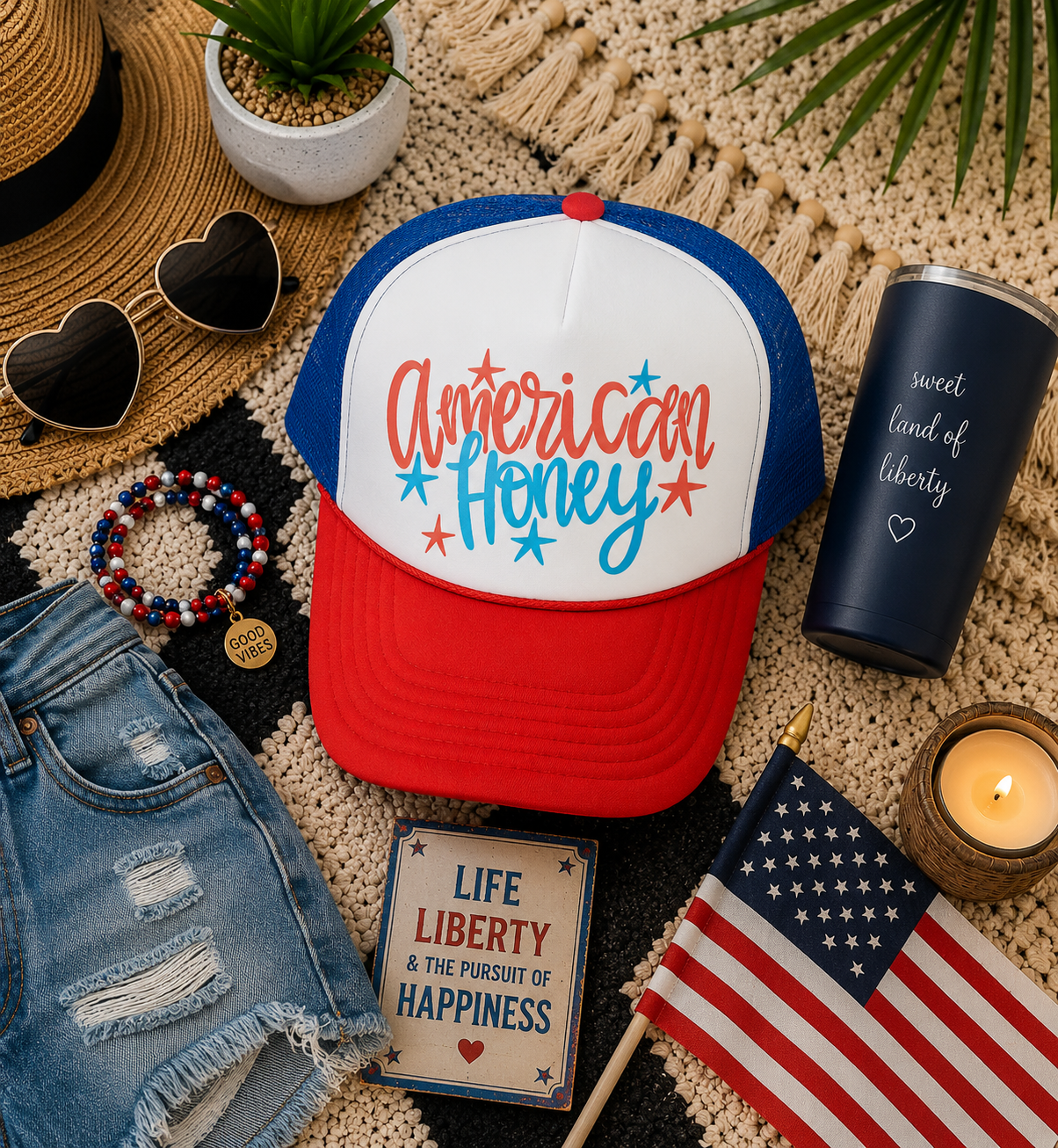 PRE-ORDER BY 6/15/26: "American Honey" Red, White, and Blue Trucker Hat