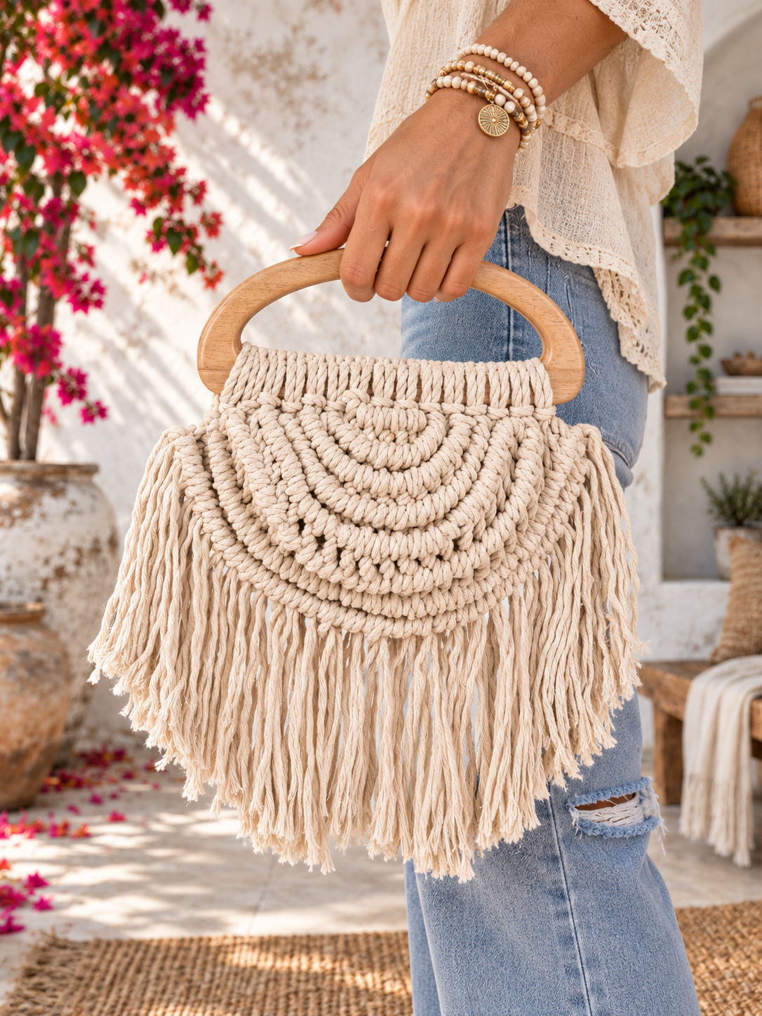 Boho Macrame Clutch Bag in Sand Beige