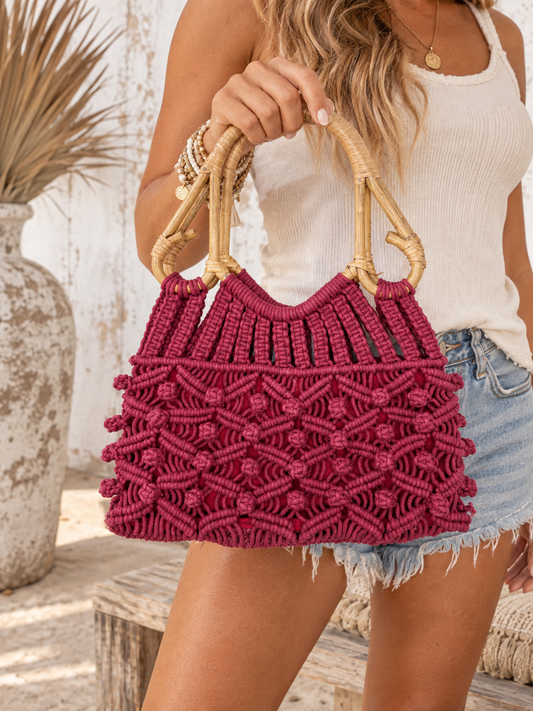 Jolene Cotton Macrame Bag with Cane Handles in Rust