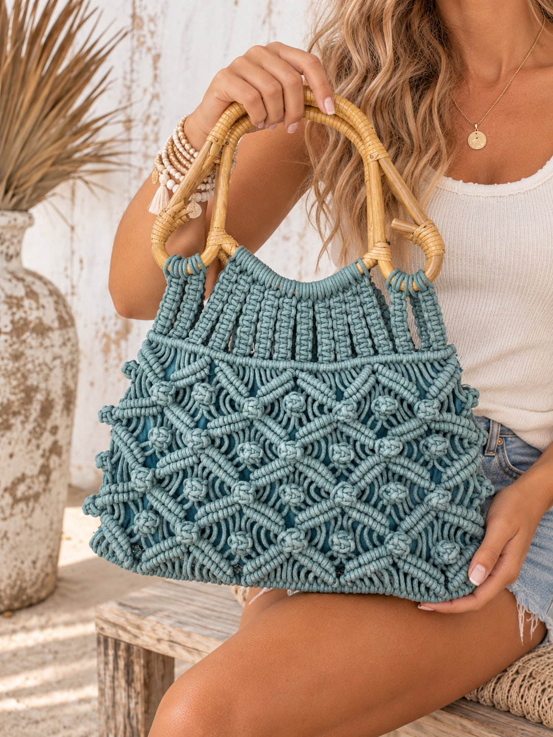 Jolene Cotton Macrame Bag with Cane Handles in Sea Foam Green