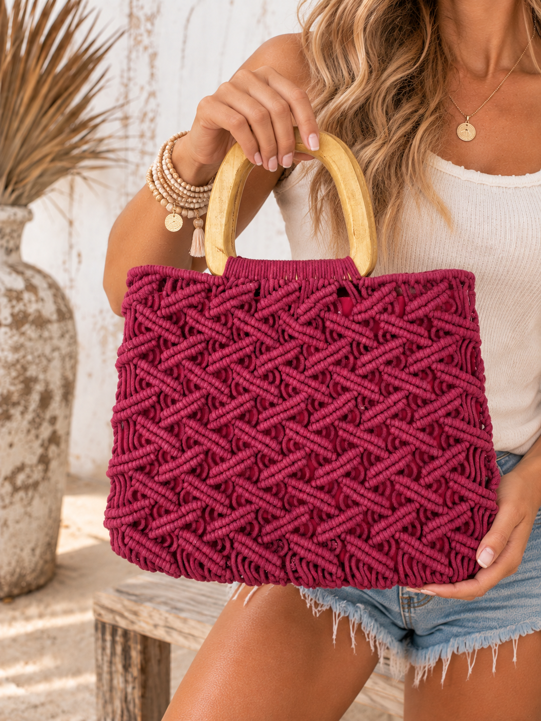 Terra Cotton Macrame Bag with Wood Handles in Rust