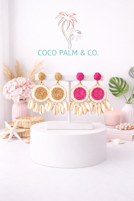 Raffia Straw Disk Earrings with Puka Shell Drops