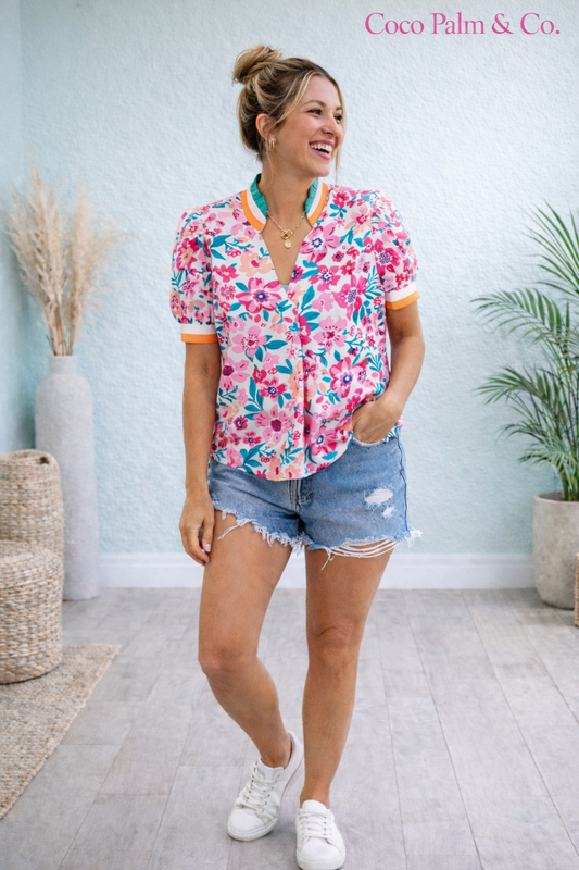 Floral Contrast Stripe Short Sleeve Blouse