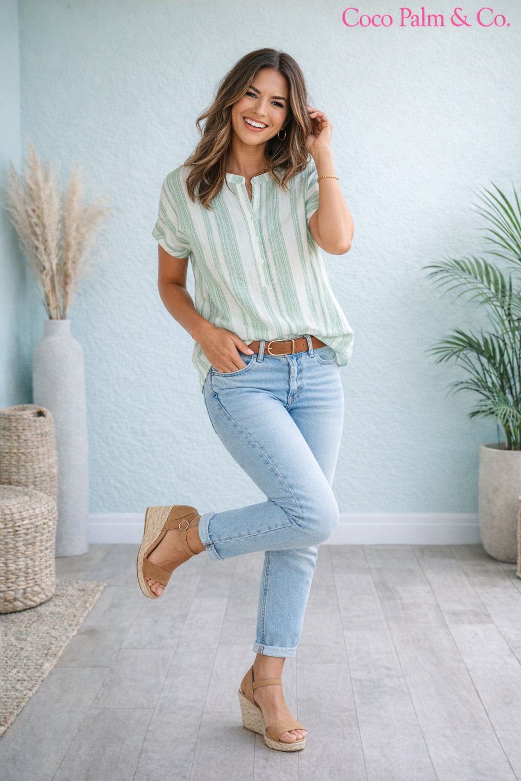 Stripe Half Buttoned Short Sleeve Blouse