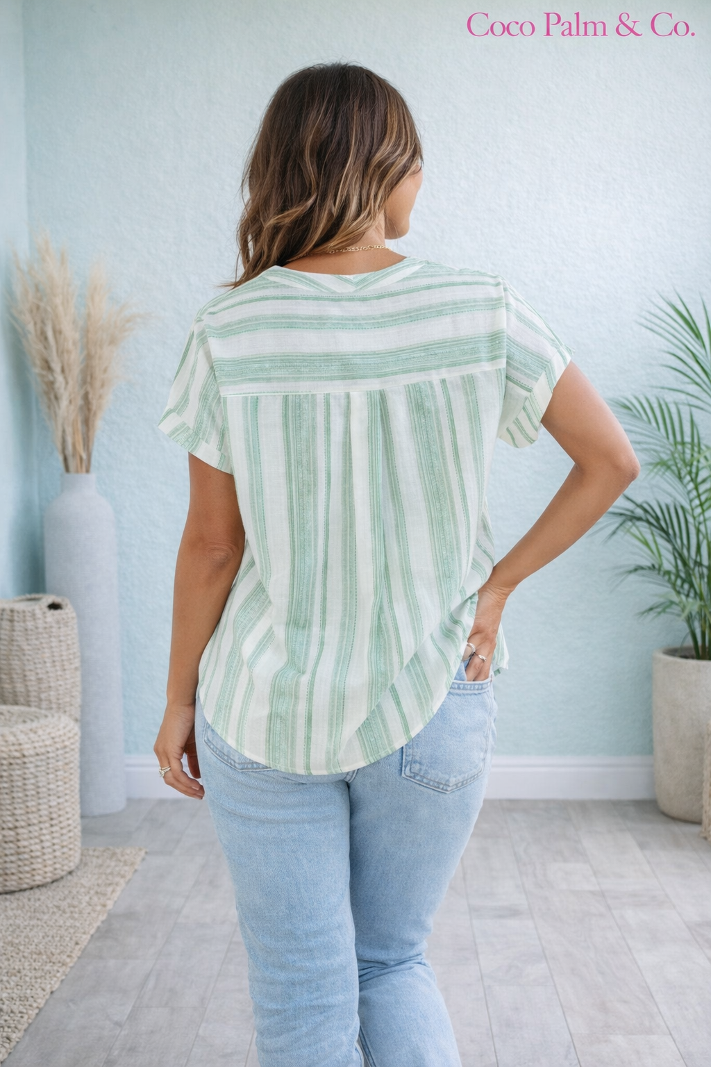 Stripe Half Buttoned Short Sleeve Blouse