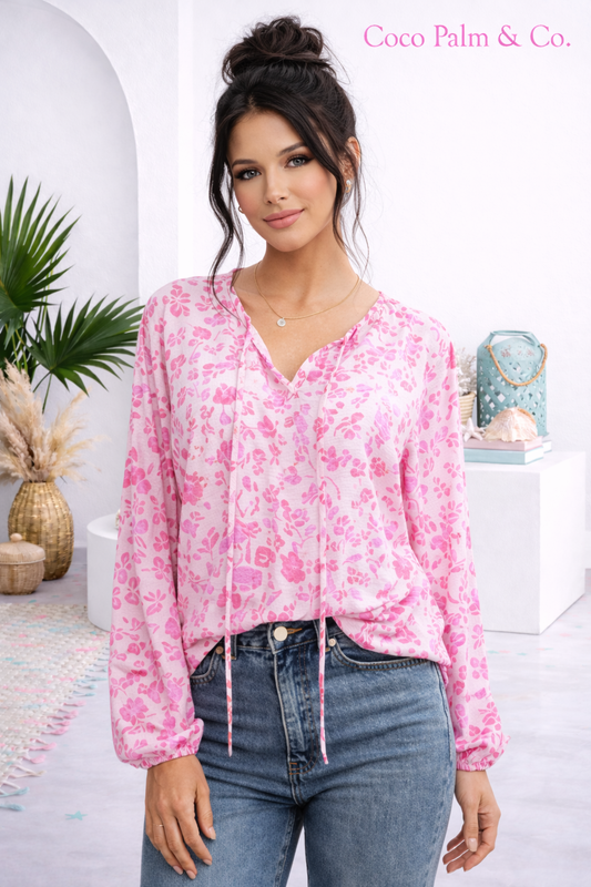 Floral Puff Sleeve Split Neck Lightweight Blouse